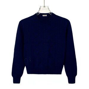 Miu Miu Womens Dark Blue Virgin Wool Heart Pattern Long Sleeve Sweater Size 36 X
